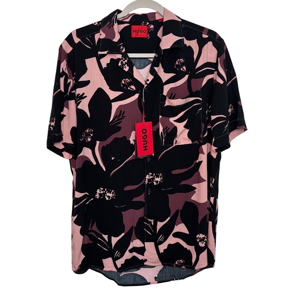HUGO Boss Short Sleeve Button Ellino Shirt Mens M Black Pink Floral Straight Fit